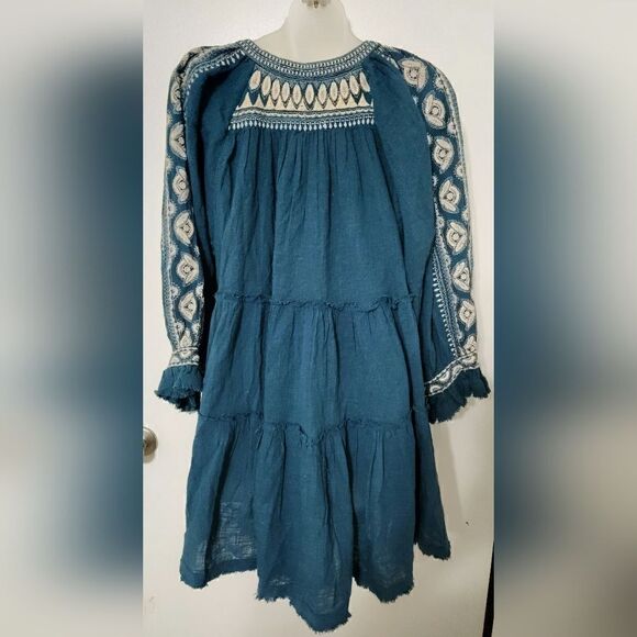 Free People V-neck oversized fit embroidered teal tunic top size small - Picture 14 of 15